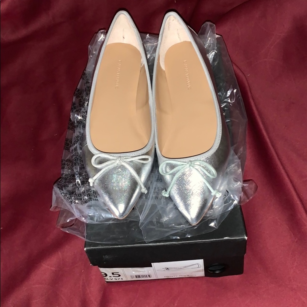 Silver pointy toe ballerina flats.